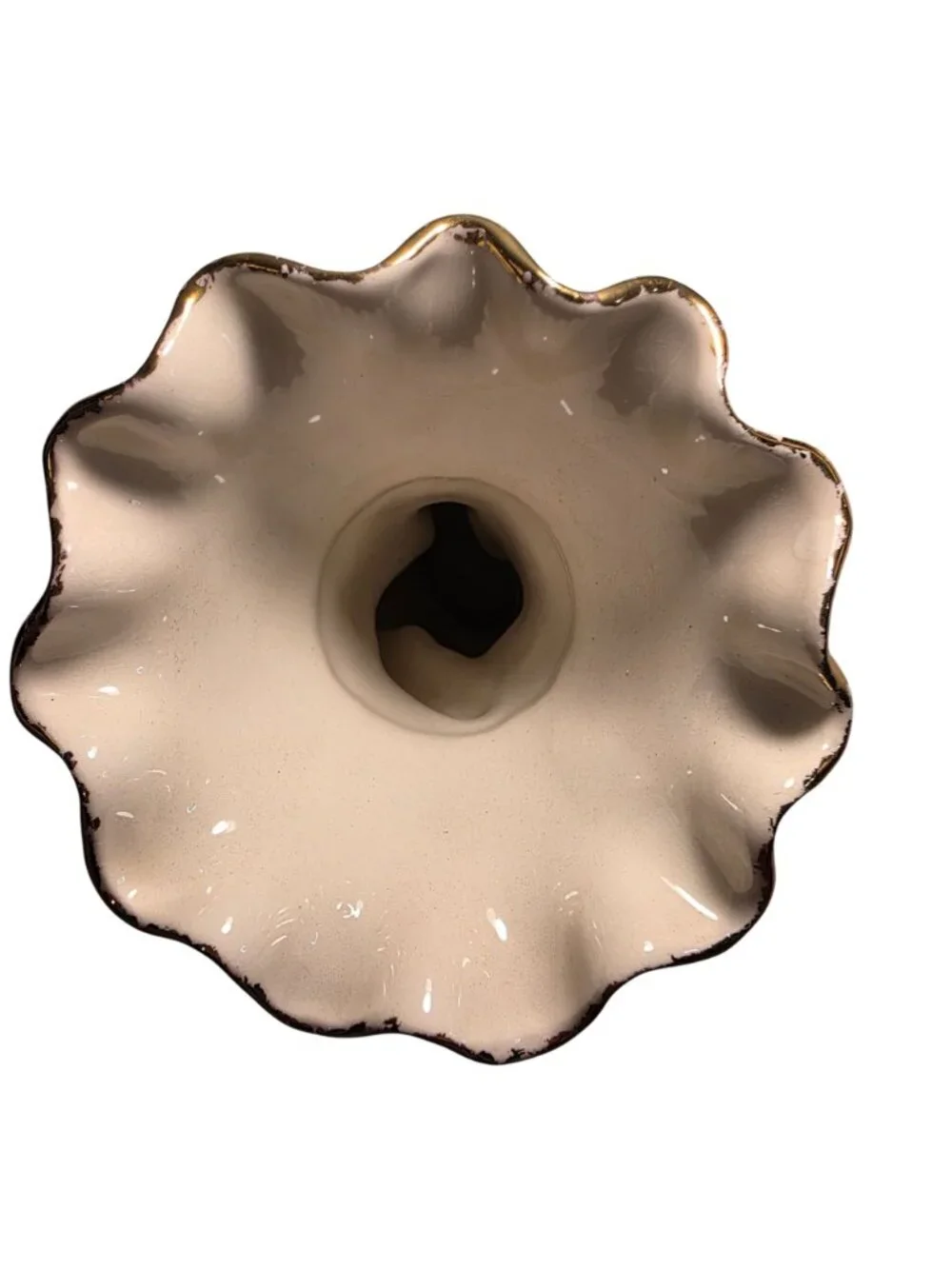 Vtg Vase Ceramic Hand Fluted Signed 1958 ruffle cream gold tone fingers torch